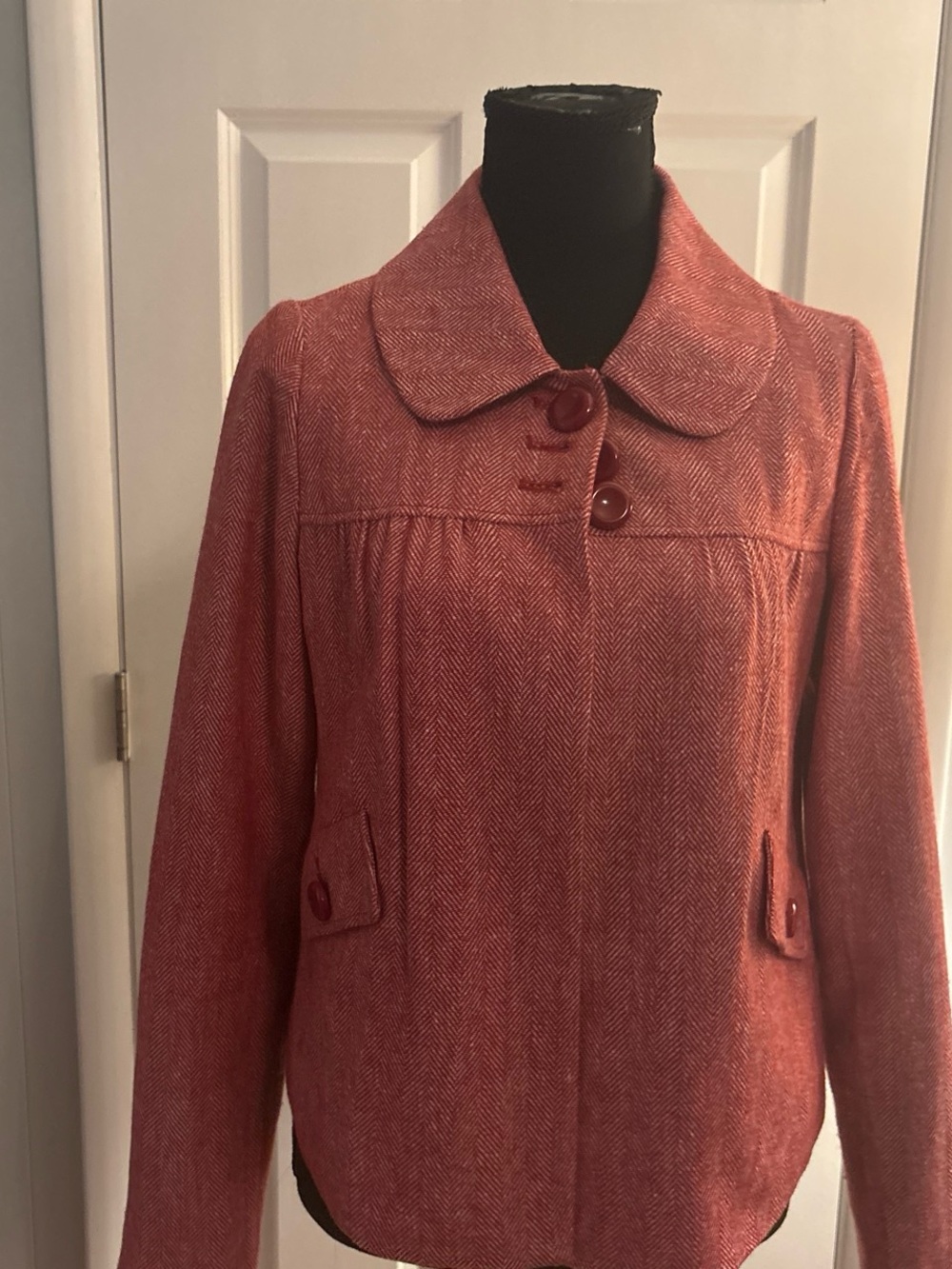 Tulle Coral-Red Herringbone Button Blazer